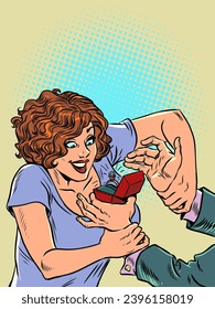 Abusive relationships in a couple in which formality is important. Infringement of human desires. A woman forces a man to marry her. Pop Art Retro Vector Illustration Kitsch Vintage 50s 60s Style