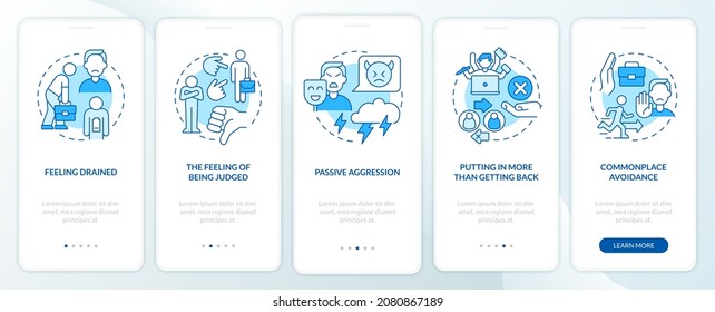 Abusive work environment onboarding mobile app page screen. Coworker toxicity walkthrough 5 steps graphic instructions with concepts. UI, UX, GUI vector template with linear color illustrations