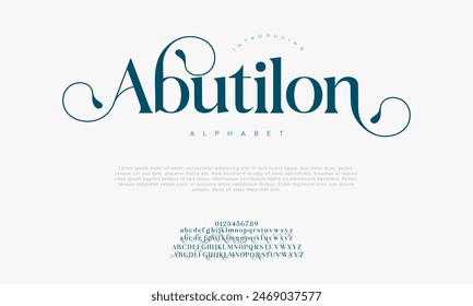 Abutilon letras y números de alfabeto elegantes de lujo premium. tipografía de boda Antiguas classic serif font decorativo vintage retro. Ilustración vectorial creativa