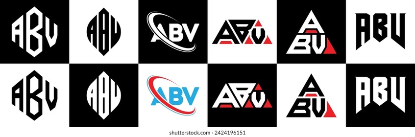 ABV letter logo design in six style. ABV polygon, circle, triangle, hexagon, flat and simple style with black and white color variation letter logo set in one artboard. ABV minimalist and classic logo