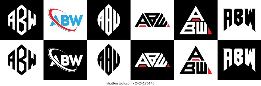 Diseño del logo de la carta ABW en seis estilos. Polígono ABW, círculo, triángulo, hexágono, de estilo plano y sencillo con el logotipo de la letra de variación en color blanco y negro en un tablero. Logo minimalista y clásico de ABW