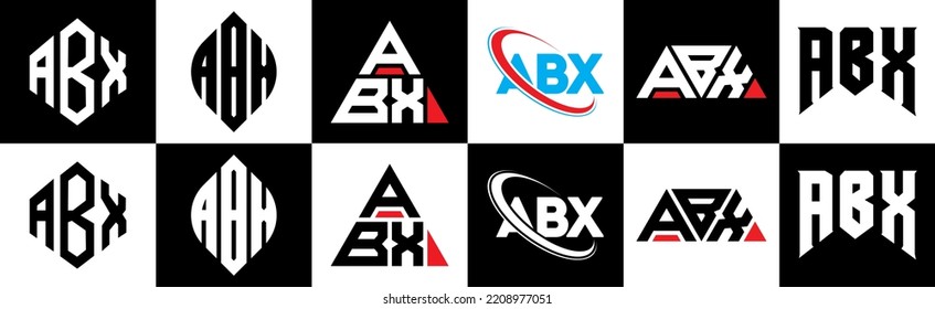 ABX letter logo design in six style. ABX polygon, circle, triangle, hexagon, flat and simple style with black and white color variation letter logo set in one artboard. ABX minimalist and classic logo