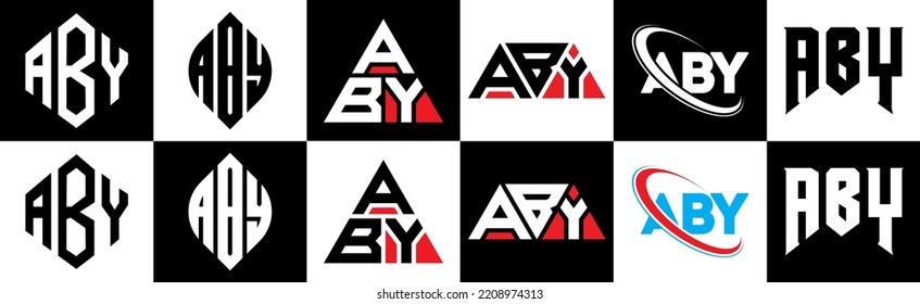 ABY letter logo design in six style. ABY polygon, circle, triangle, hexagon, flat and simple style with black and white color variation letter logo set in one artboard. ABY minimalist and classic logo
