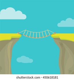 Abyss, gap or cliff concept with bridge sky and clouds. Vector colorful illustration in flat style