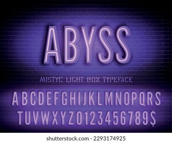 Abyss sign with violet neon box narrow alphabet on dark brick wall background. Vector illustration