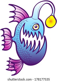 Abyssal blue fish with sharp teeth, spiny purple fins and bulging eyes while swimming and showing its spine filament with a lightning esca
