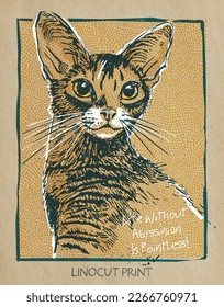 Abyssinian breed cat portrait. Kitten head with big ears. Hand drawn vector illustration, stylized in traditional artistic linocut or woodcut print on old paper.