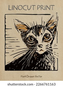 Abyssinian breed cat portrait. Kitten head with big ears. Hand drawn vector illustration, stylized in traditional artistic linocut or woodcut print on old paper.