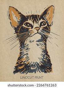 Abyssinian breed cat portrait. Kitten head with big ears. Hand drawn vector illustration, stylized in traditional artistic linocut or woodcut print on old paper.