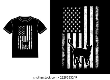 Abyssinian Cat American Flag Vintage T-shirt Design template, Abyssinian Cat on Board, Car Window Sticker Vector for cat lovers, Black on white apparel design
