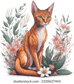 Abyssinian cat covered with flowers and leaves. This cute kitten drawing is in watercolor style and high detailed vector art. 