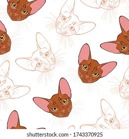 Abyssinian cat face.   Seamless vector pattern on white. Hand-drawn vector illustration. Animal art background.
