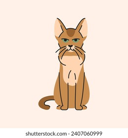 Abyssinian cat sitting color element. Cartoon cute animal. Hand draw vector illustration isolated.  