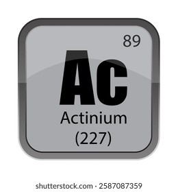 Ac 89 box. Actinium 227 text. Vector periodic element. Gray chemistry shape.