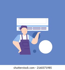 AC or air conditioner repair and maintenance services. a technician repairs a broken AC machine. work and profession. flat cartoon illustration. vector concept design