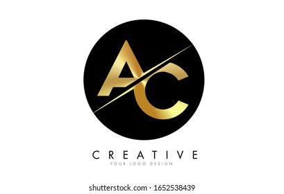 AC A C Golden Letter Logo Design with a Creative Cut. Creative logo design with Black Circle Background.