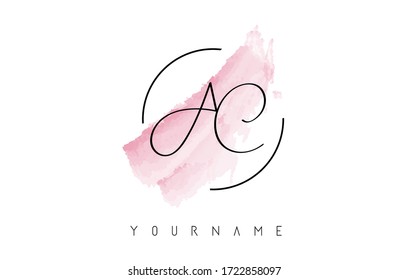 AC A C Handritten Letters Logo With Pink Pastel Watercolor Brush Stroke Concept And Rounded Circular Design. 