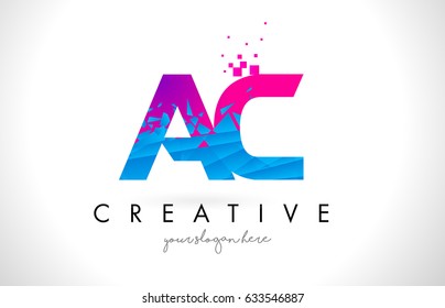 AC A C Letter Logo with Broken Shattered Blue Pink Triangles Texture Design Vector Illustration.