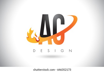 AC A C Letter Logo Design with Fire Flames and Orange Swoosh Vector Illustration.