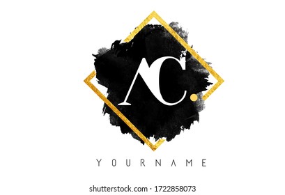 AC A C Letters Logo Design with Black ink Stroke over Golden Square Frame Vector Illustration.