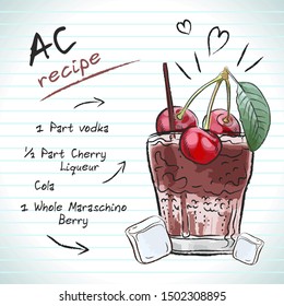 AC cocktail, vector sketch hand drawn illustration. fresh summer alcoholic drink with recipe and fruits.	
