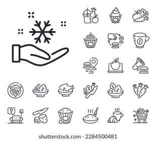 AC cold temperature sign. Crepe, sweet popcorn and salad outline icons. Freezing hand line icon. Fridge function symbol. Freezing line sign. Pasta spaghetti, fresh juice icon. Supply chain. Vector