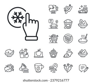 AC cold temperature sign. Crepe, sweet popcorn and salad outline icons. Freezing click line icon. Fridge function symbol. Freezing click line sign. Pasta spaghetti, fresh juice icon. Vector