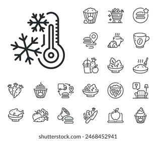 AC cold temperature sign. Crepe, sweet popcorn and salad outline icons. Freezing thermometer line icon. Fridge function symbol. Freezing line sign. Pasta spaghetti, fresh juice icon. Vector