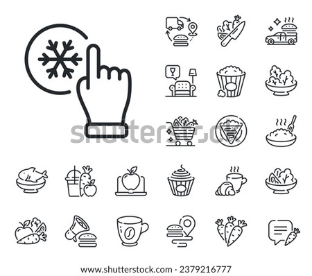 AC cold temperature sign. Crepe, sweet popcorn and salad outline icons. Freezing click line icon. Fridge function symbol. Freezing click line sign. Pasta spaghetti, fresh juice icon. Vector