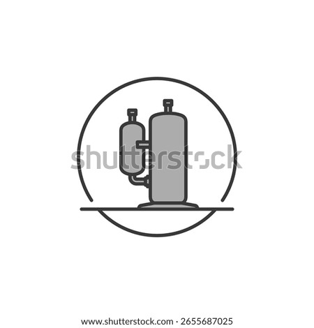 AC compressor icon with dual cylinder shapes and connecting pipework; depicts refrigerant compression, thermal energy circulation, and core cooling system functionality in HVAC setups