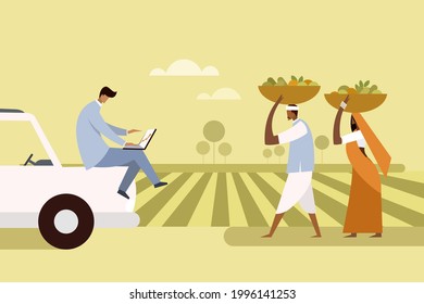 Ac corporate executive looks at is laptop while the farmers with their produce walking in the farm