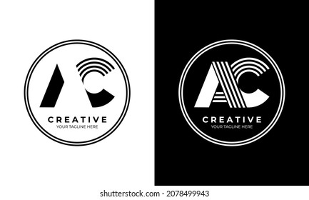 AC Creative Letters Logo Monogram with Black Solid and Line in Circle, Vector Design, Emblem, Symbol  on Black and white Background