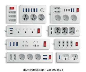 Equipo de corriente alterna conjunto realista de extensión de enchufe de pared con diferentes conectores de puertos y cords ilustración vectorial aislada