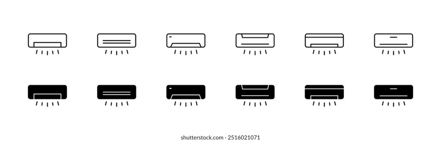 Conjunto de iconos de CA. Esquema y glifo del Vector del acondicionador de aire casero. VECTOR del icono de la CA