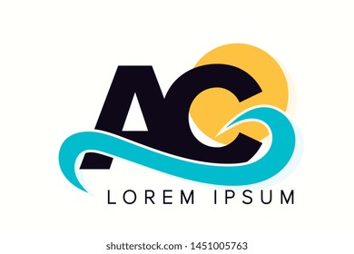 AC letter logo with ocean waves and sunset. Beach concept design