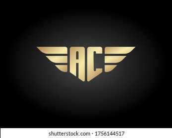 AC Letter-Logo-Schild mit Flügeln, Vektorgoldene Farbe auf schwarzem Hintergrund