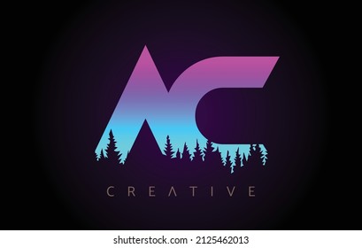 Diseño de logotipos AC Letters con colores azul morado e icono de vectores de pinares forestales. Logo de AC Trees con Idea de colores vivos de gradiente.