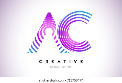 AC Lines Warp Logo Design.Vector Letter Icon Made with Purple Circular Lines.