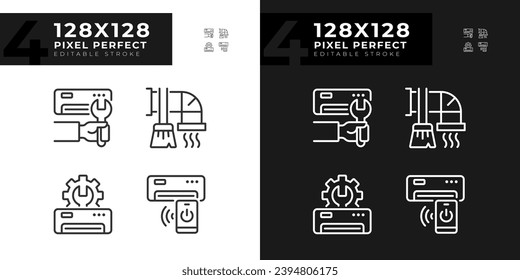 Ac maintenance linear icons set for dark, light mode. Air conditioner repair. Hvac service. Home appliance. Thin line symbols for night, day theme. Isolated illustrations. Editable stroke