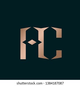 AC monogram.Typographic logo with letter a and letter c.Uppercase initial lettering icon in rose gold metallic color isolated on dark background.Modern, geometric, luxury boutique style.