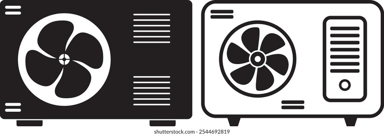 Ícone da unidade exterior Ca no ícone do estilo da linha, isolado no fundo branco. Aparelhos de aquecimento e arrefecimento Ícone da bomba de calor. Ícone e ilustração vetorial doodle da unidade ac ao ar livre. Unidade condensadora ou compressor