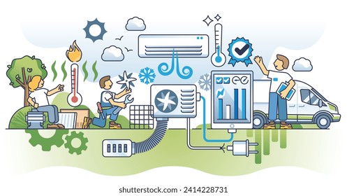 AC repair and conditioning maintenance for effective usage outline concept. HVAC fixing service with professional heating or cooling device installation, cleaning or diagnostics vector illustration.