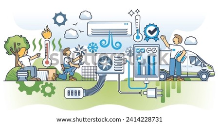 AC repair and conditioning maintenance for effective usage outline concept. HVAC fixing service with professional heating or cooling device installation, cleaning or diagnostics vector illustration.