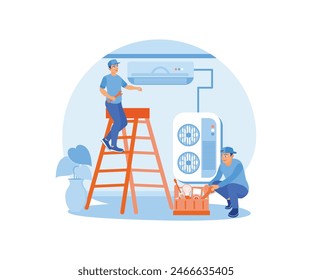 AC repairman repairs and installs AC. Cooling system service. Home maintenance concept. Flat vector illustration.