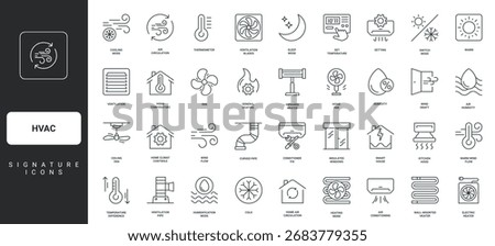 AC and smart control of comfortable temperature, cooling thin black and red outline symbols vector illustration HVAC, heating, ventilation and air conditioning system for home, car line icon set.