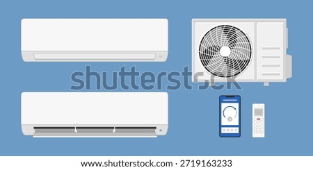 AC split system: indoor unit, outdoor unit, smartphone app and remote control
