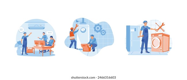 AC technician. The plumber repairs the broken water heater. Technician repairing the washing machine. Home repair concept. Set flat vector illustration.