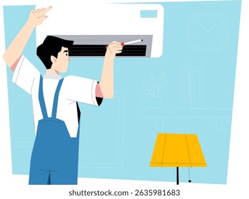 AC technician repairing on his job vector illustration