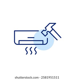 AC unit and hammer. Air conditioner installation, repair and maintenance. Pixel perfect, editable stroke icon