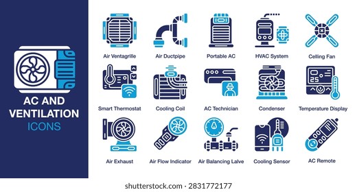 AC and Ventilation icon set. Includes air conditioners, vents, fans, filters, cooling systems, airflow tools and More. Outline icons vector collection.
